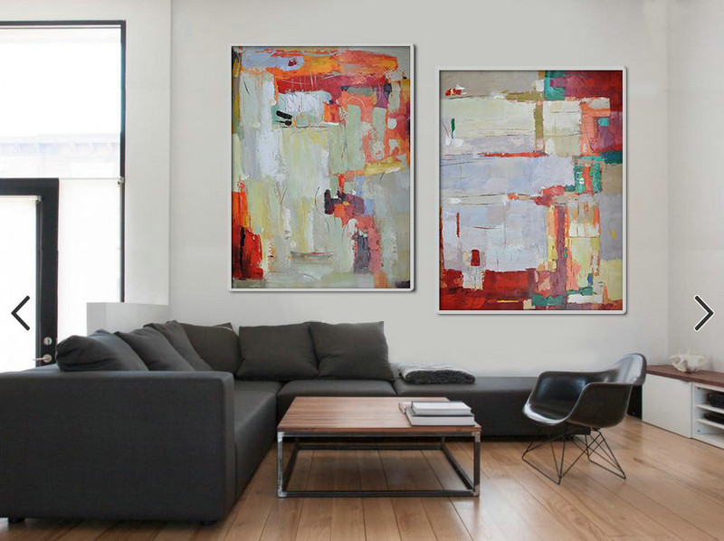 Handmade Large Contemporary Art,Set Of 2 Contemporary Art On Canvas,Living Room Canvas Art,Red,Grey,Orange,Green.etc